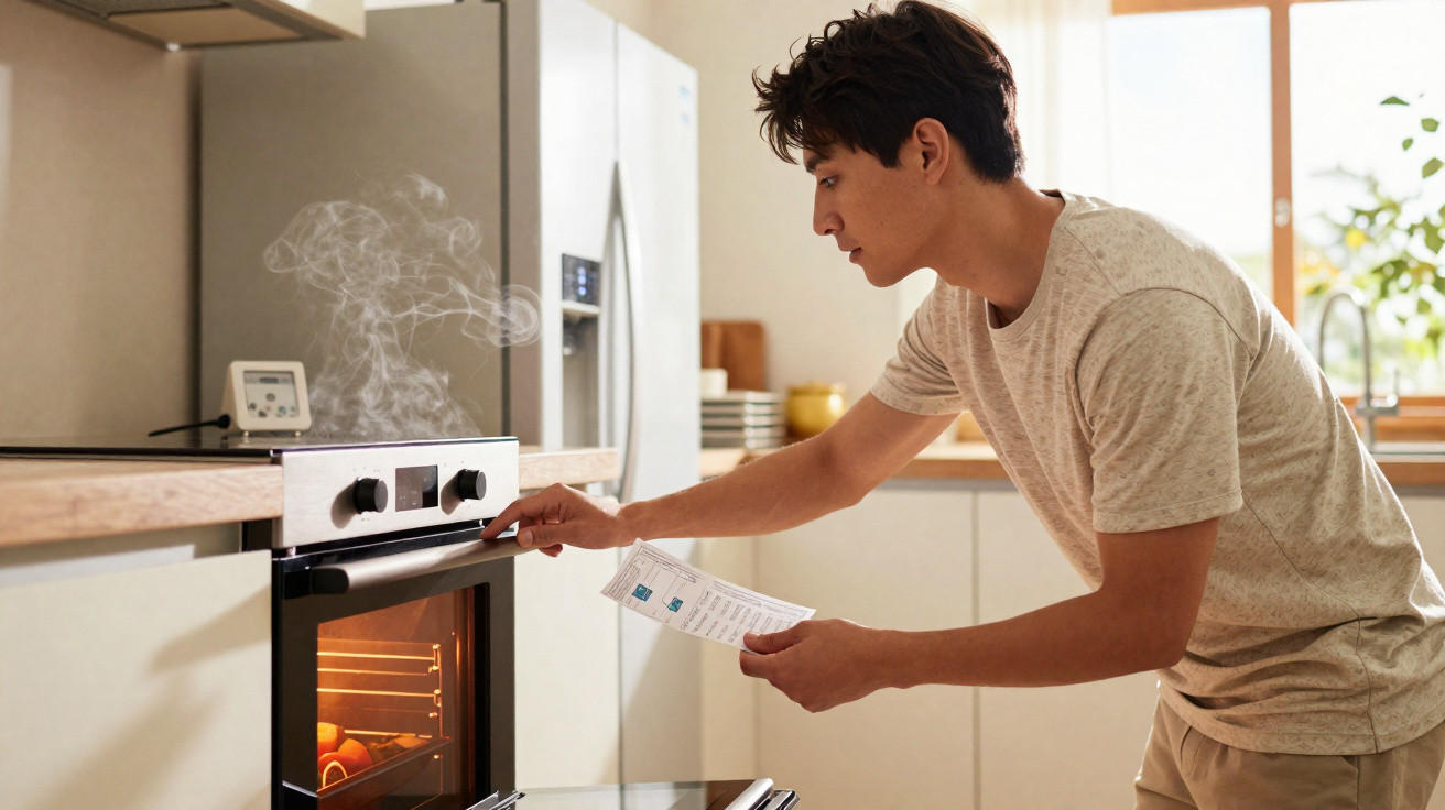 Homem jovem verifica forno com vapor na cozinha enquanto segura receita na mão.