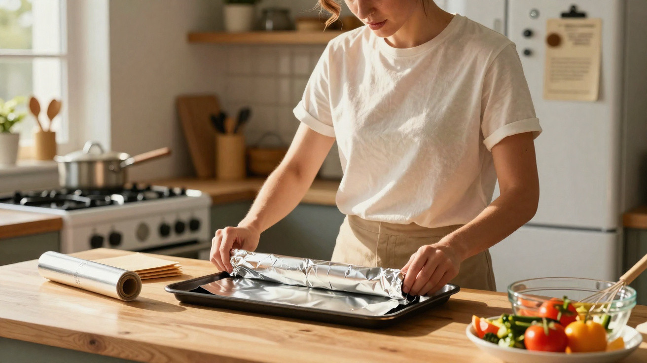 Mulher a forrar um tabuleiro com papel de alumínio na cozinha moderna iluminada.