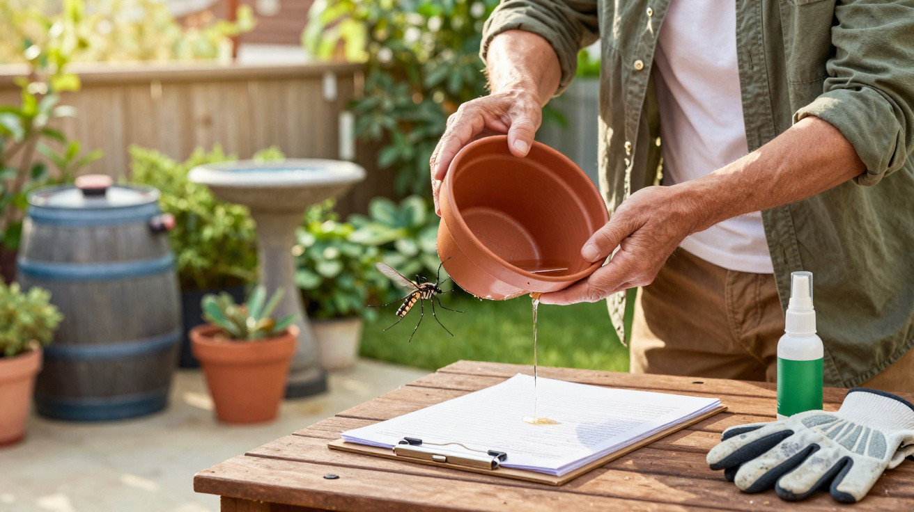 Pessoa deita água fora de vaso de plantas pequeno enquanto mosquito voa próximo num jardim.