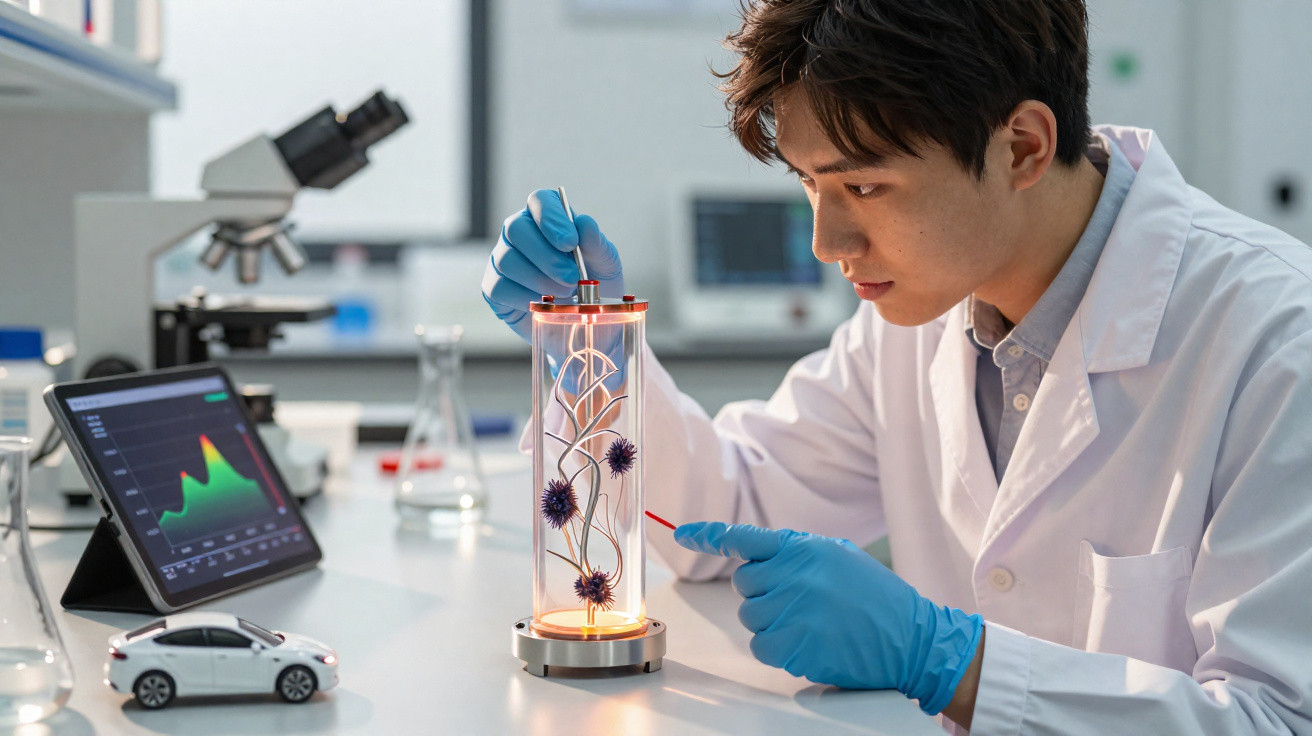 Cientista asiático em laboratório a analisar amostras num tubo transparente com grafeno e microrganismos.