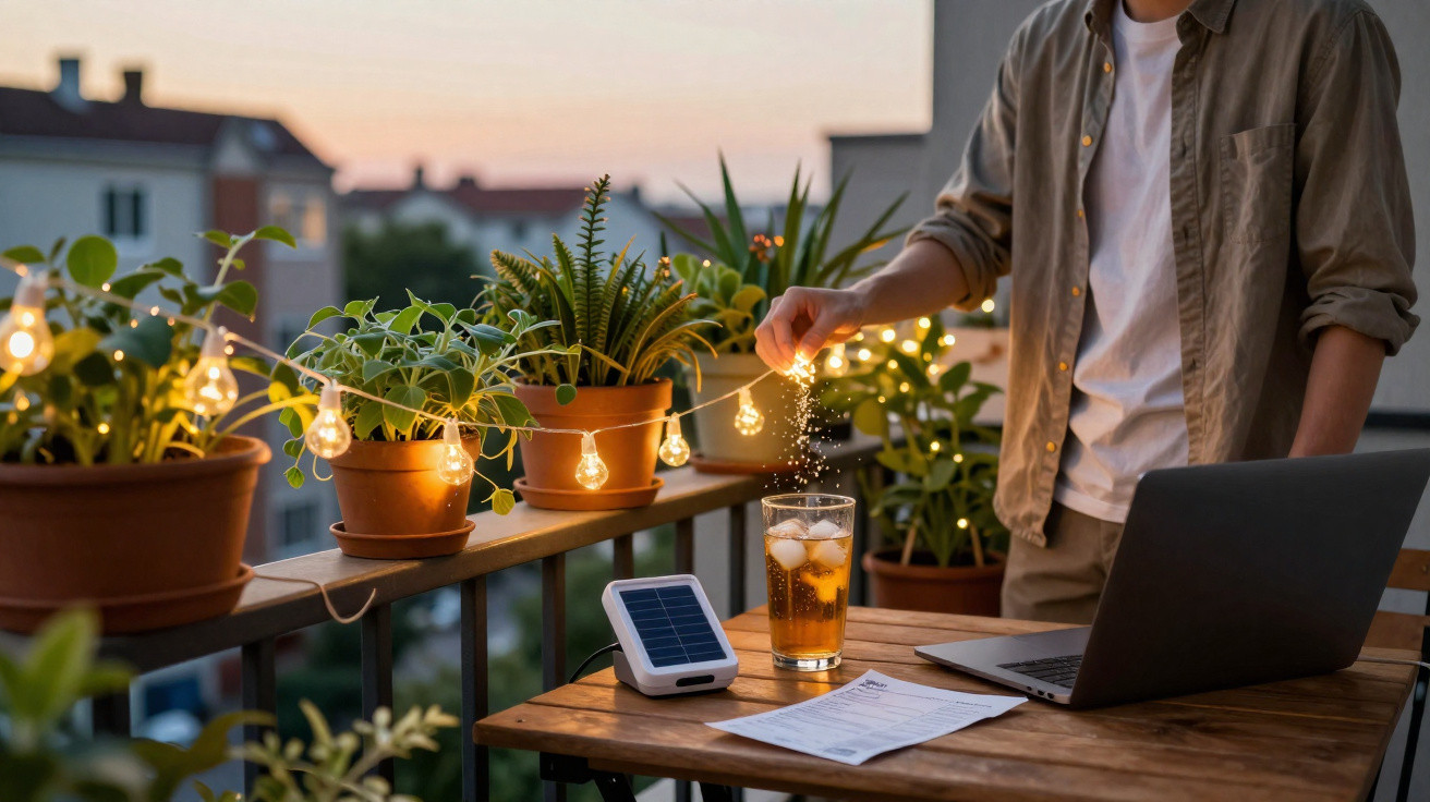 Pessoa a preparar bebida num terraço com plantas, luzes decorativas e portátil ao entardecer.