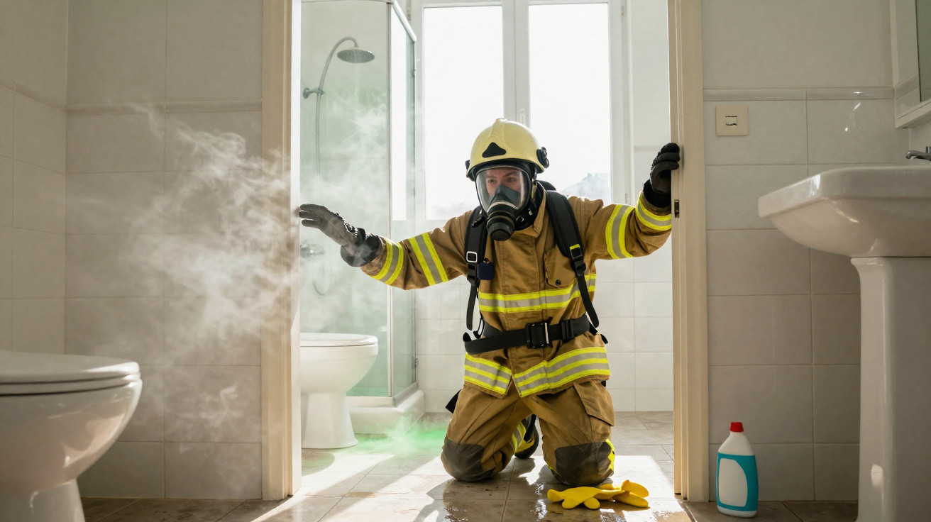 Bombeiro de uniforme completo e máscara antigás, a controlar fumo numa casa de banho luminosa.
