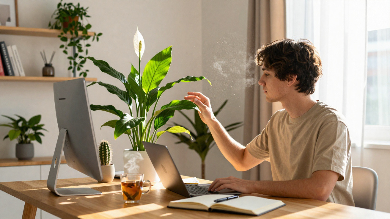 Jovem a trabalhar em computador numa mesa com plantas e chá, num ambiente iluminado e acolhedor.