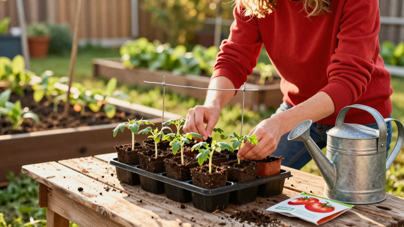 Pessoa a cuidar de plantas jovens num pequeno jardim, com regador e sementeira de tomate.