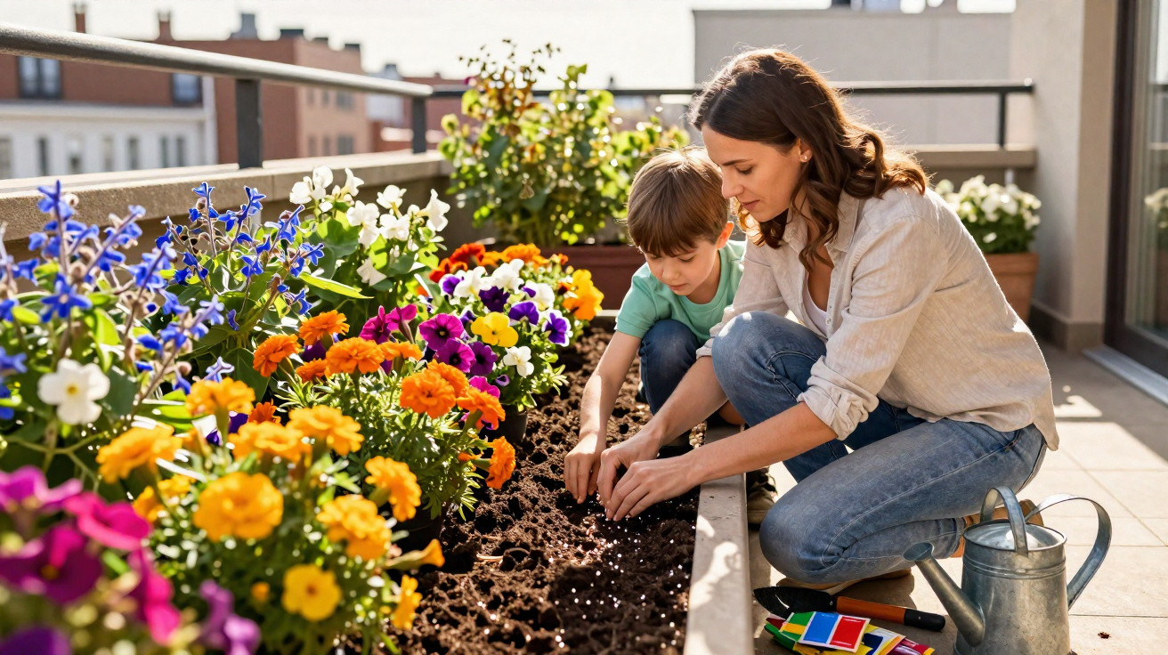 Mulher e menino plantam flores coloridas num canteiro num terraço ensolarado.