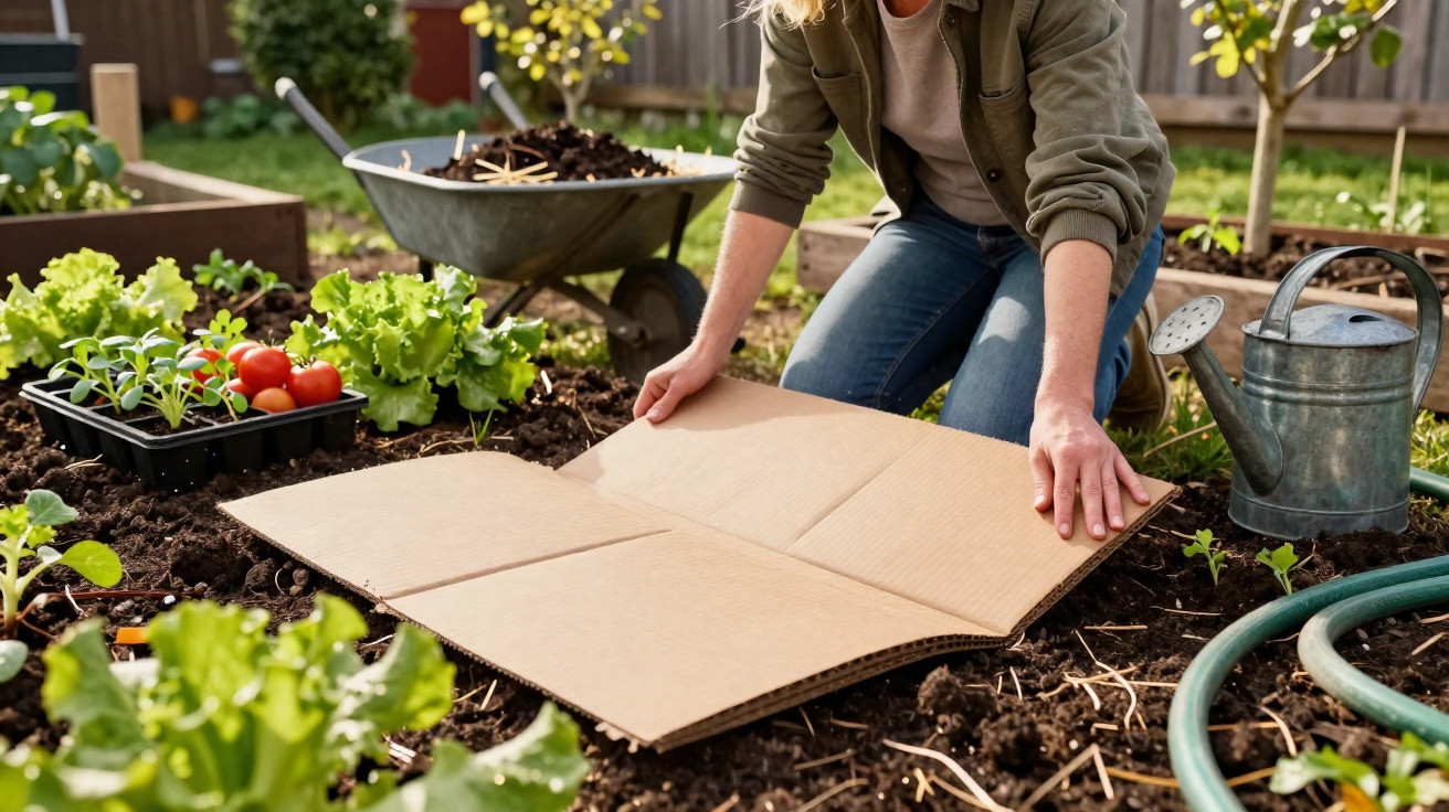 Pessoa a preparar o solo com cartão para cultivo num jardim com plantas e regador ao lado.