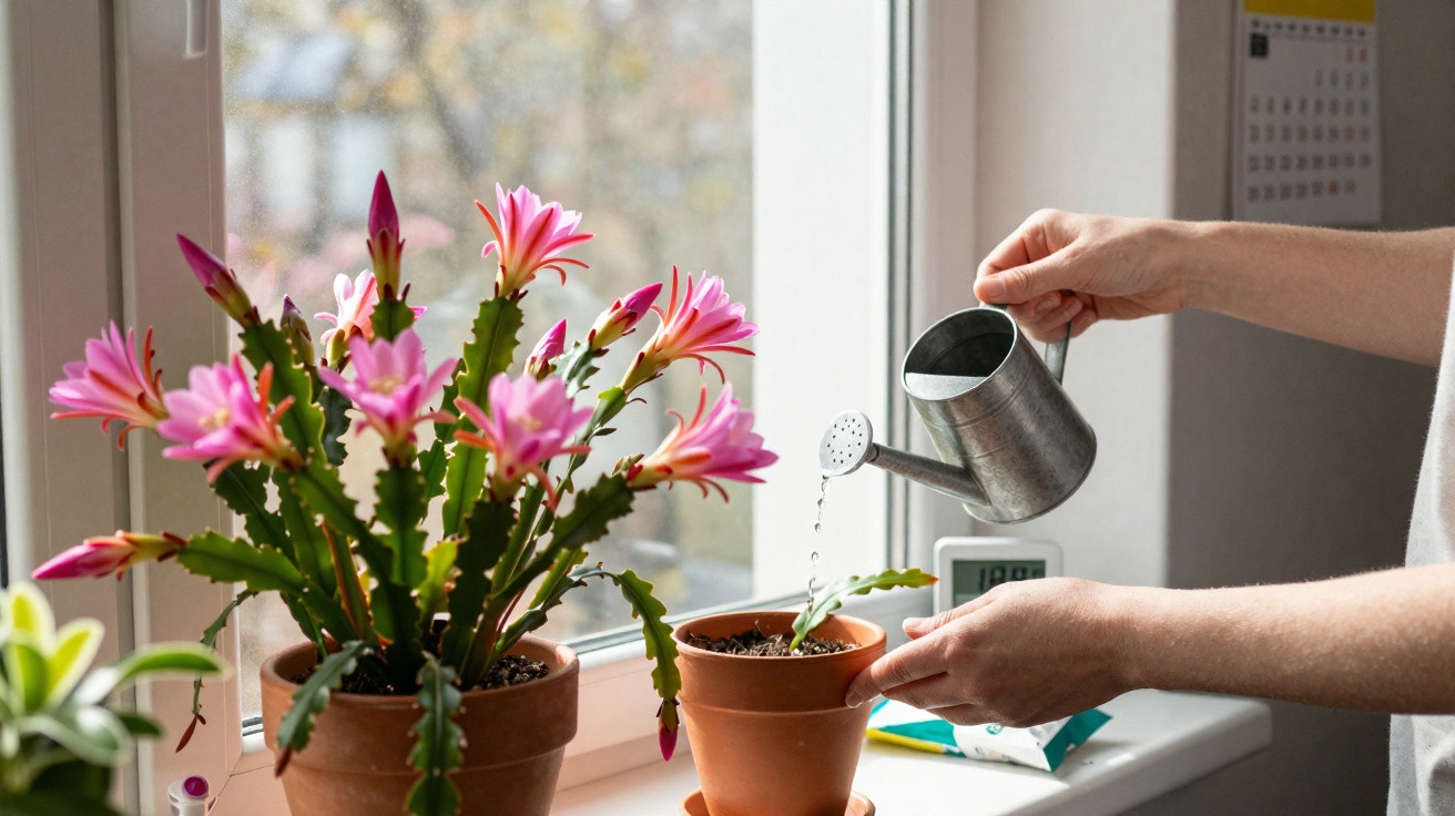 Pessoa a regar planta com flores rosa num vaso junto a uma janela com luz natural.