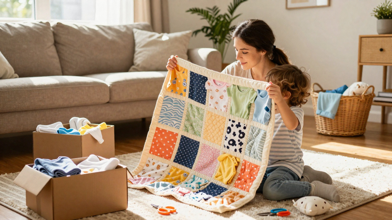 Mulher e criança sentados no chão a fazer uma manta colorida em patchwork numa sala iluminada.