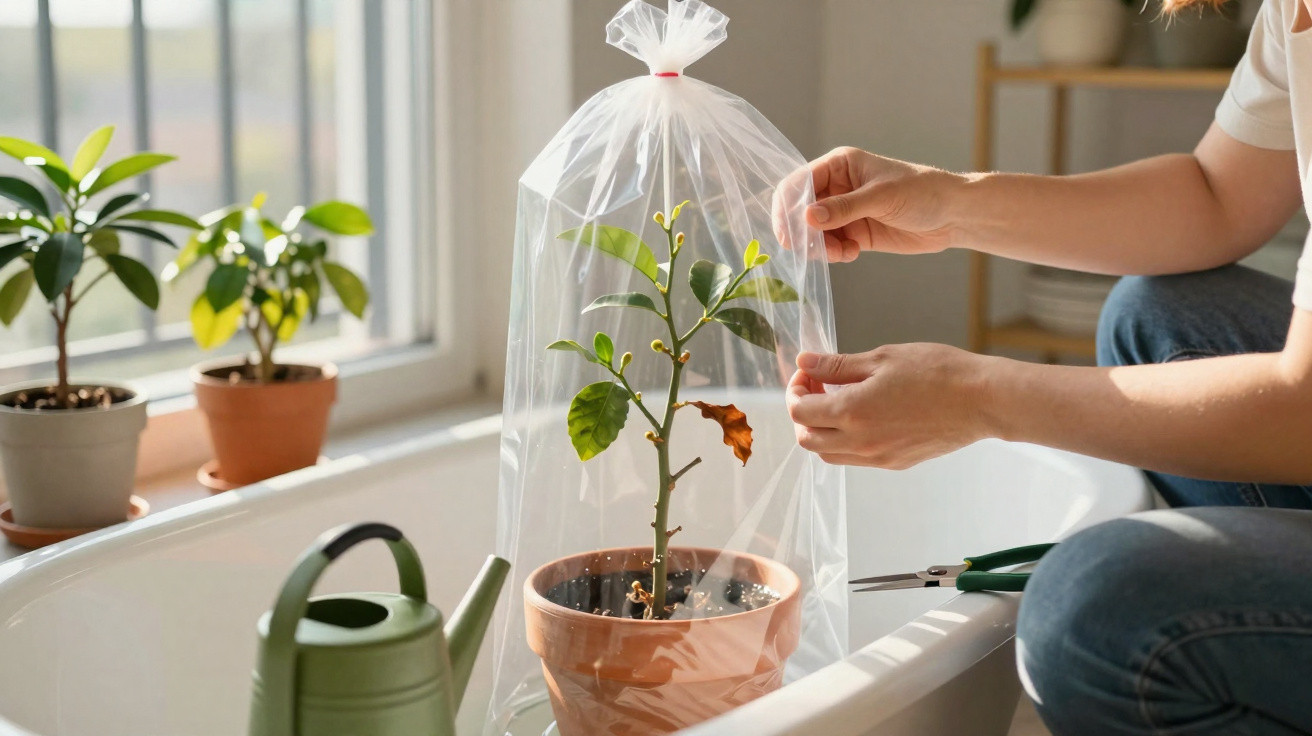 Pessoa a cobrir planta em vaso com saco plástico transparente numa casa de banho iluminada.