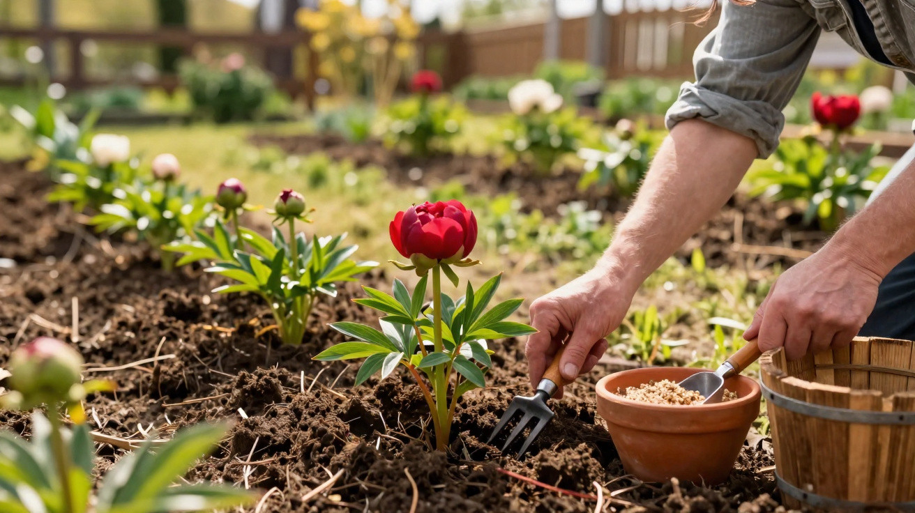 Pessoa a cuidar de peónias vermelhas num jardim com terra arada e ferramentas de jardinagem.