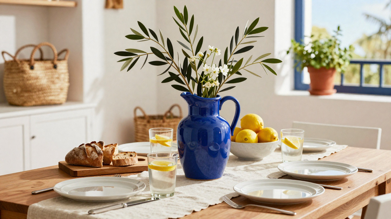 Mesa de madeira posta com pratos, copos com limão, pão, jarro azul com flores e tigela de limões.