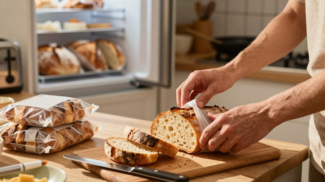 Pessoa a embrulhar pão caseiro cortado numa cozinha com vários pães embalados ao lado.
