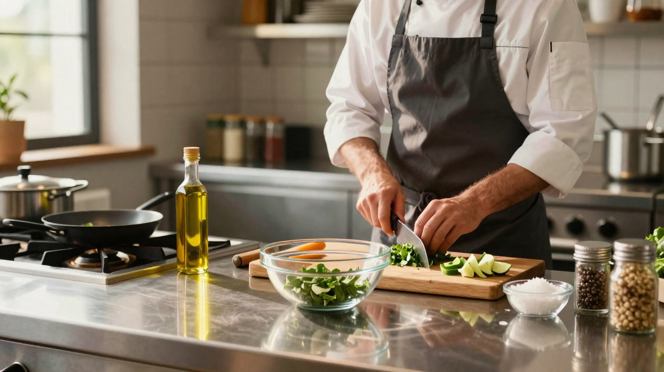 Chef a cortar legumes num tabuleiro de madeira numa cozinha profissional moderna.