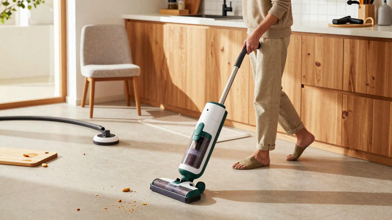 Pessoa a aspirar chão da cozinha moderna com aspirador vertical sem fios, entorno limpo e luminoso.