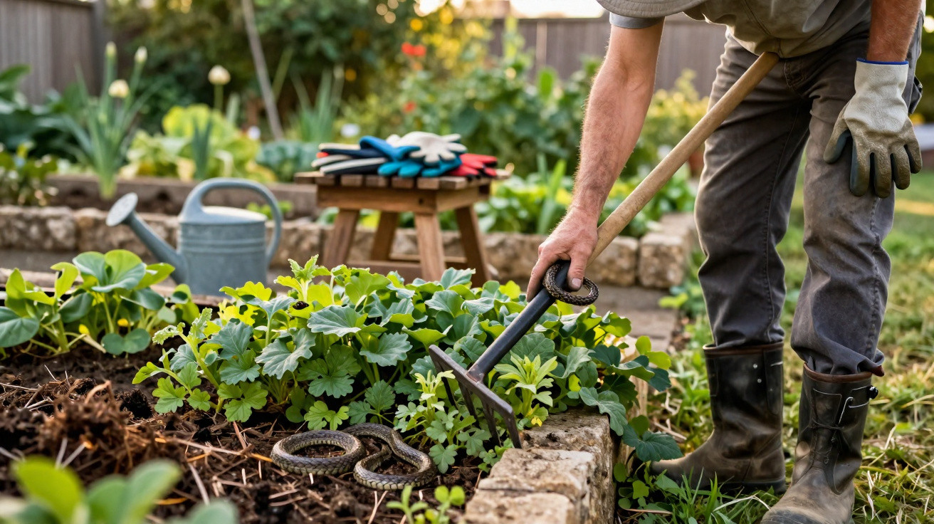 Pessoa a jardinar num canteiro com ferramentas e uma cobra visível entre as plantas.