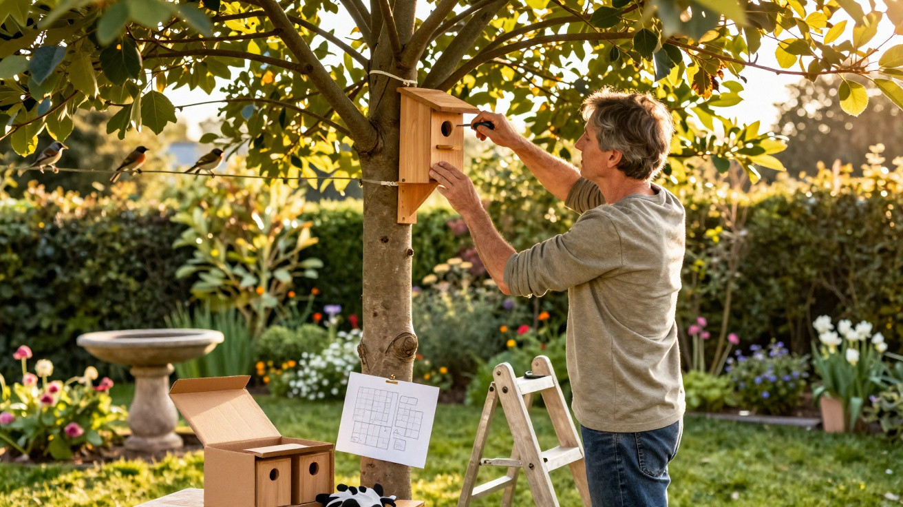 Homem a instalar uma casa para pássaros numa árvore num jardim florido ao pôr do sol.