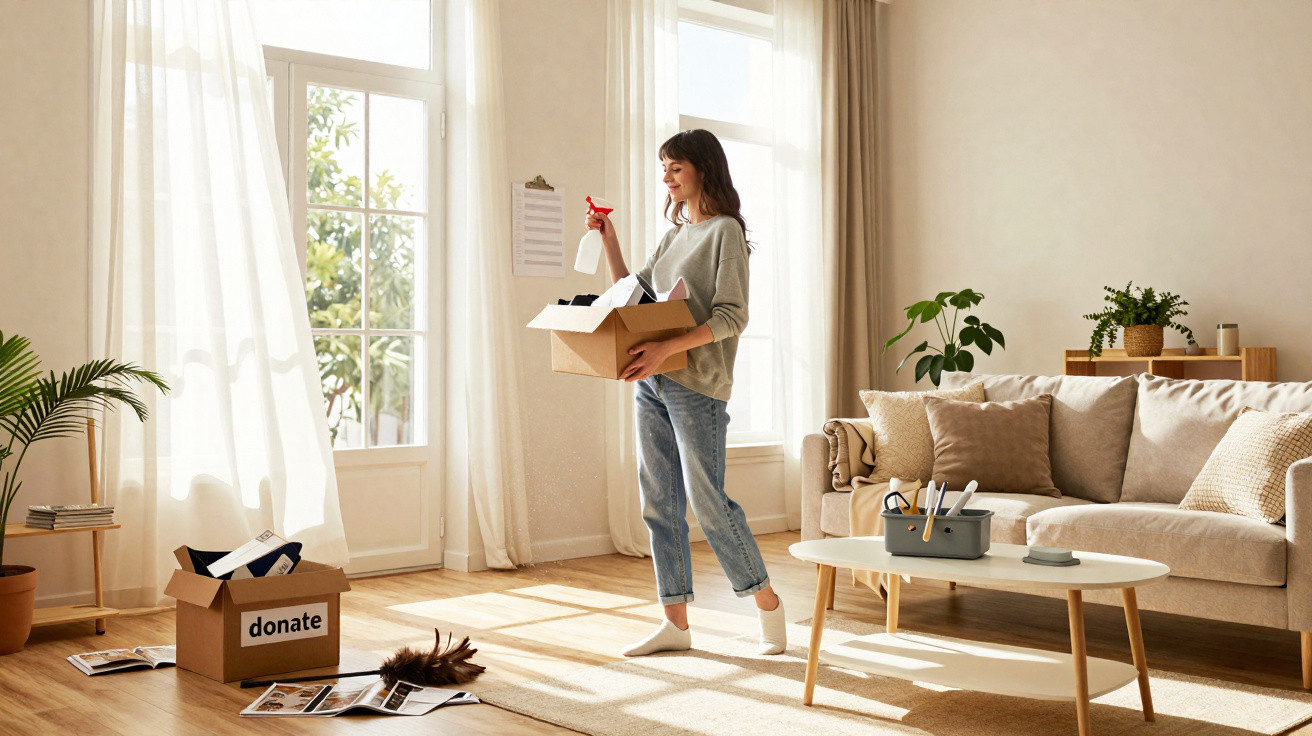 Mulher a organizar objetos para doação numa sala luminosa com sofá, plantas e mesa de centro.