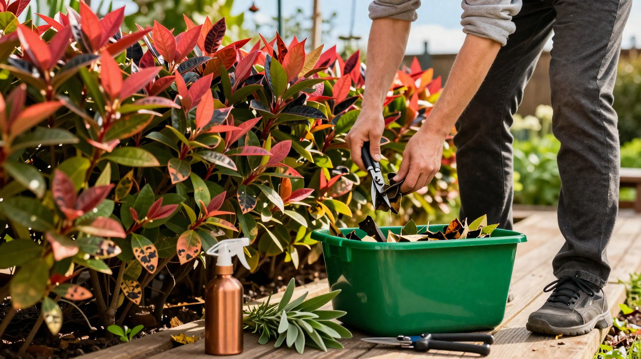 Pessoa a podar plantas com folhas vermelhas ao ar livre, usando ferramentas de jardinagem e regador.