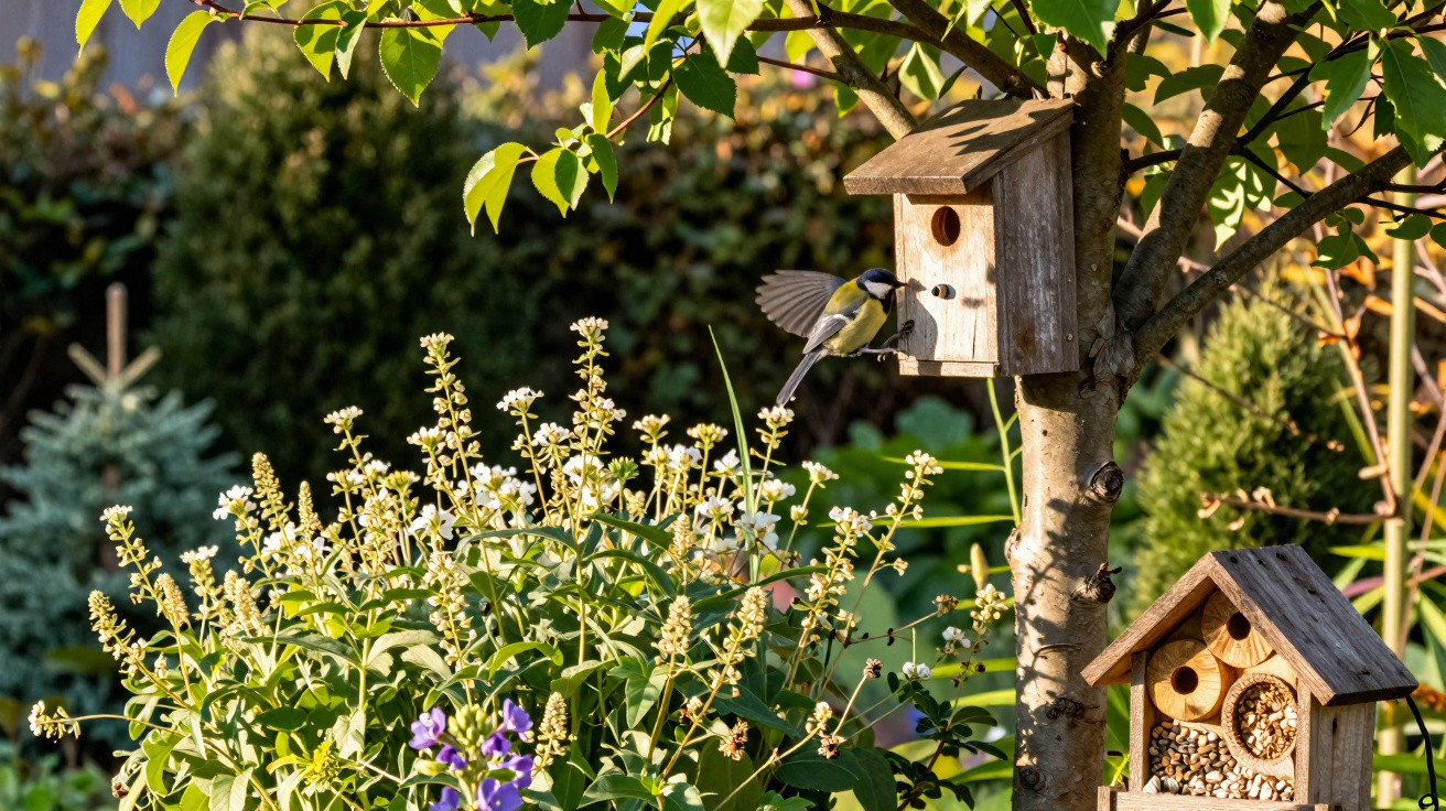 Pássaro a alimentar-se numa casinha de madeira pendurada numa árvore num jardim florido ao entardecer.