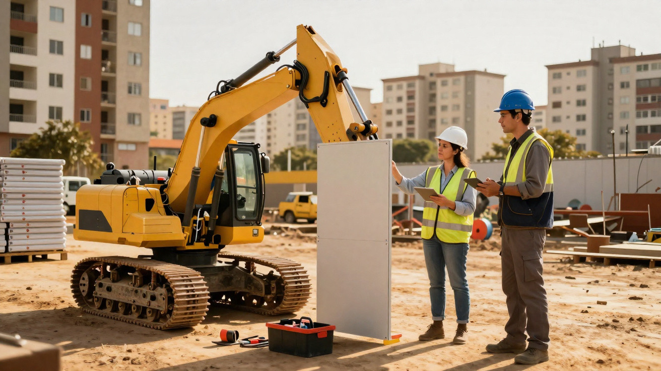 Dois trabalhadores de construção com capacetes e coletes refletores observam uma escavadora amarela a transportar painéis.