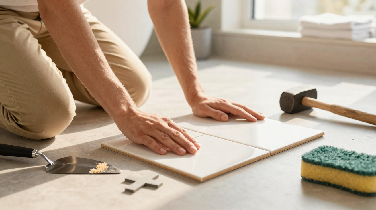Pessoa a colocar azulejos brancos no chão com ferramentas de construção à sua volta.