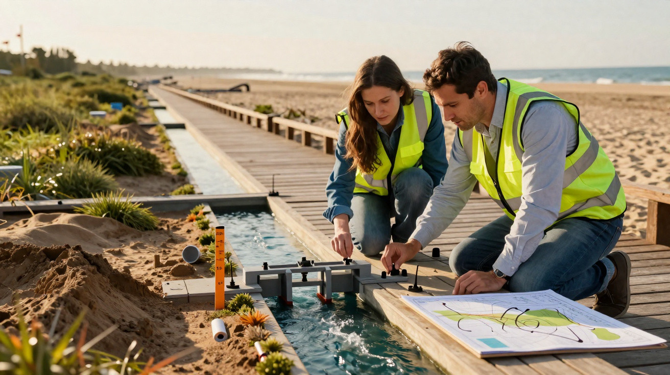 Dois trabalhadores com coletes de segurança ajustam equipamento em canal de água junto à praia com plantas ao redor.