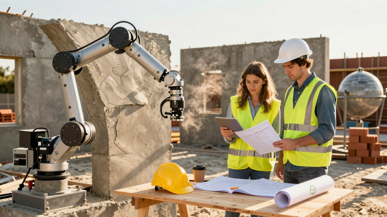 Dois engenheiros em coletes refletores analisam projetos numa obra com braço robótico e capacete amarelo na mesa.