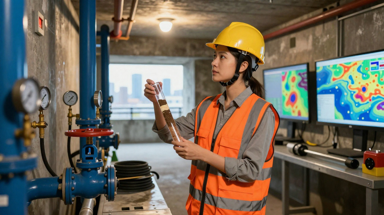 Engenheira com colete e capacete a analisar amostra de solo ao lado de equipamentos técnicos e ecrãs digitais.