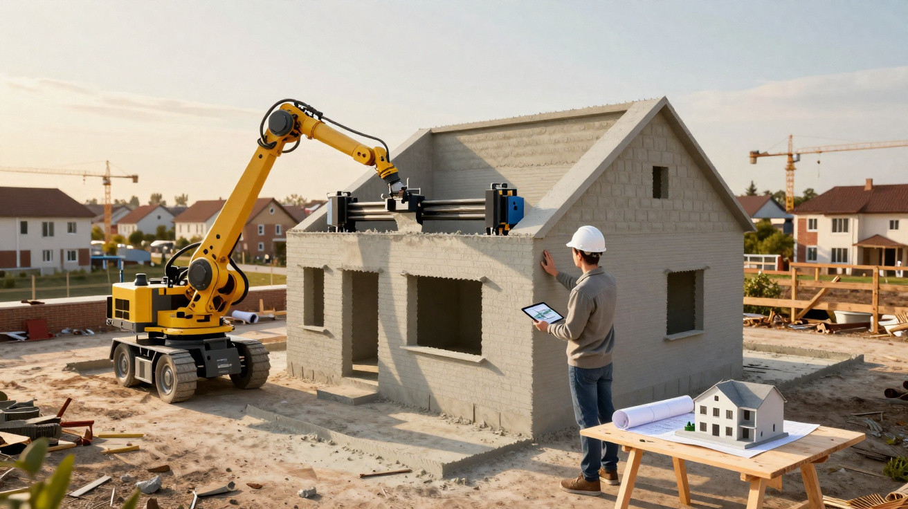 Engenheiro com capacete a inspecionar casa impressa em 3D numa obra, com maquete e planta numa mesa próxima.