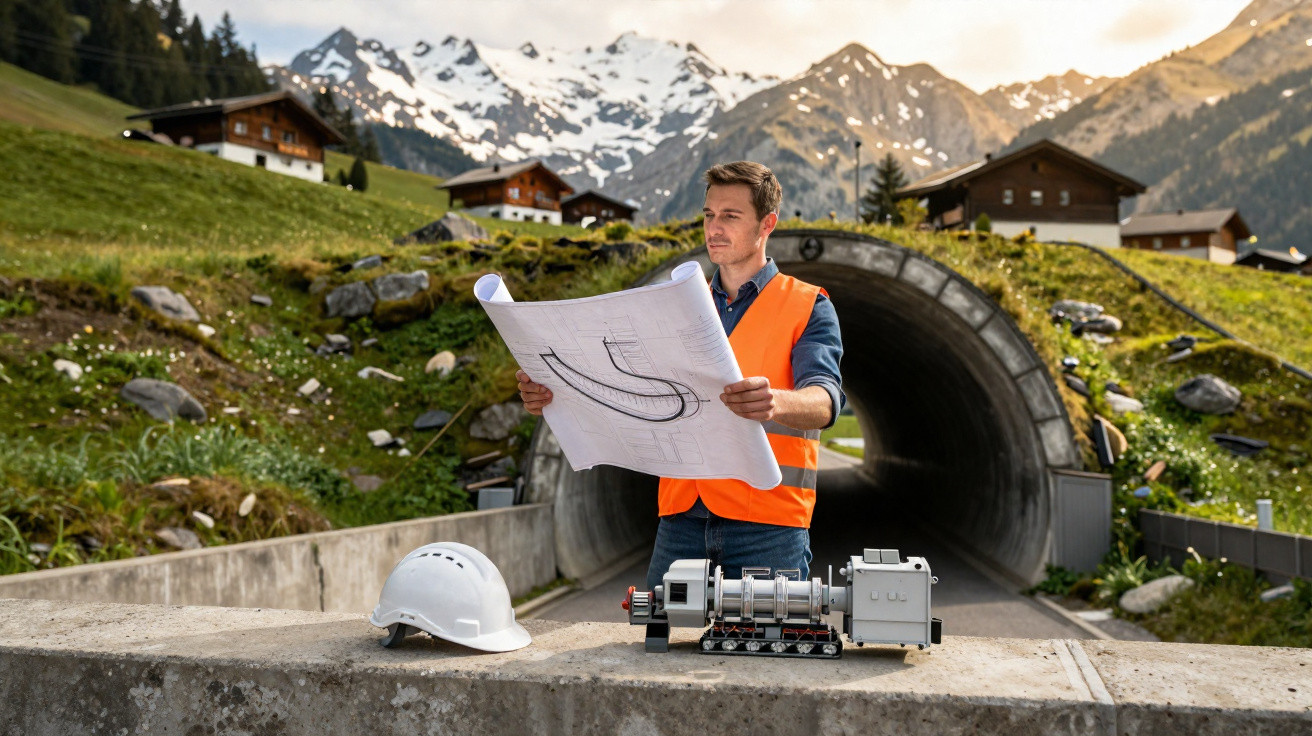 Engenheiro com colete laranja examina projeto junto a modelo de máquina e capacete perto de túnel na montanha.