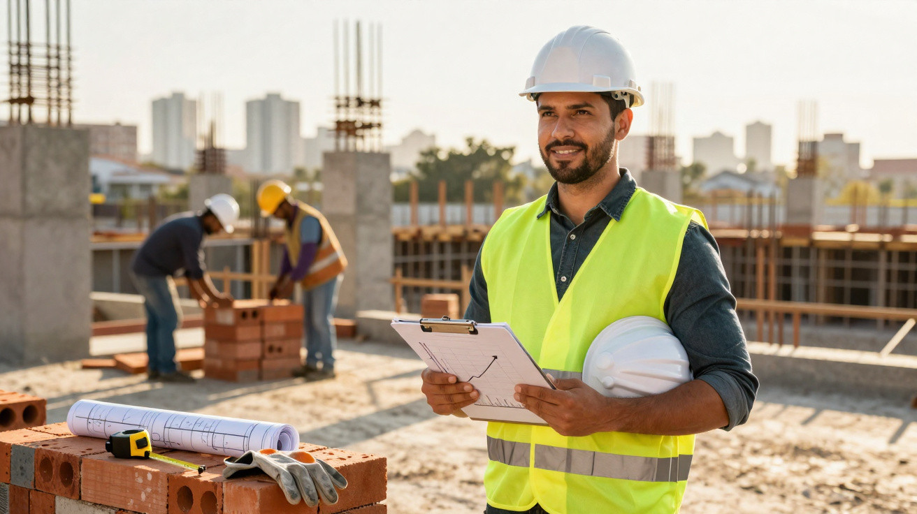 Engenheiro de obra com capacete e colete refletor a segurar prancheta e tablet num estaleiro de construção.