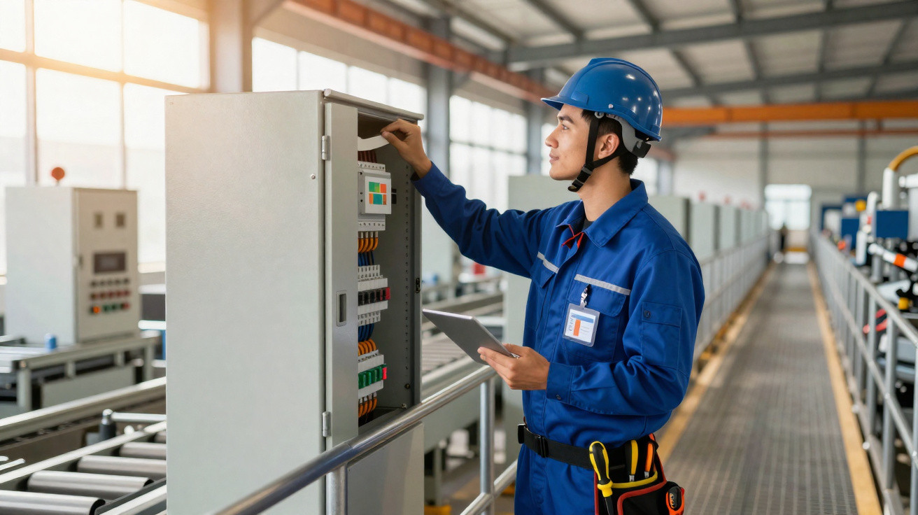 Técnico de segurança com capacete azul verifica painel elétrico numa fábrica industrial moderna.