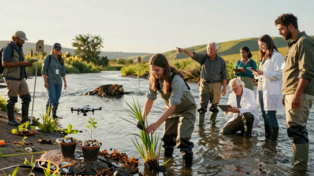 Grupo de cientistas a estudar plantas e a usar drone num rio rodeado de colinas verdes, em trabalho de campo.
