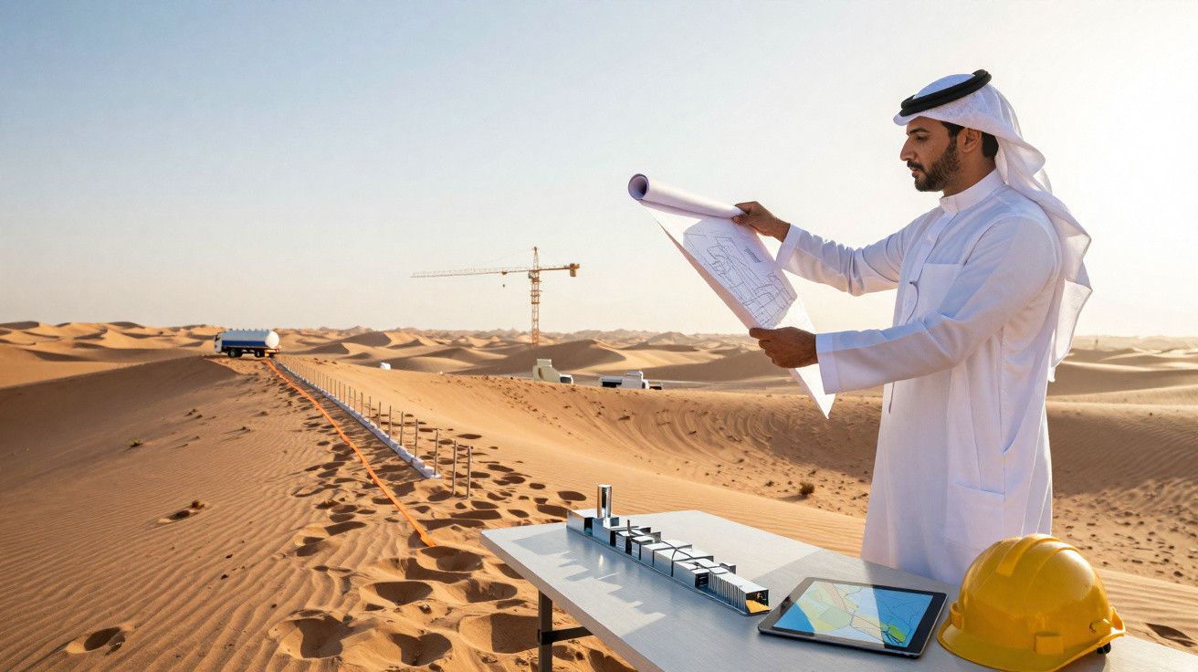 Homem em traje árabe analisa planta num deserto, com maquete, capacete e computador num suporte.