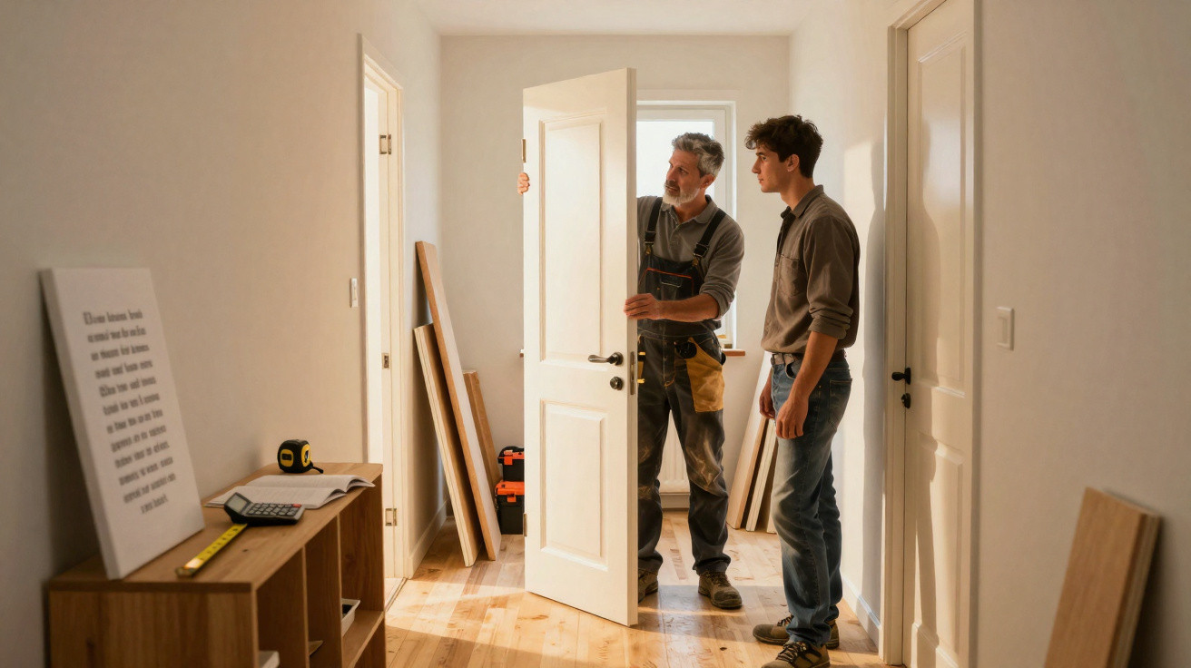 Dois homens a instalar uma porta branca num corredor com chão de madeira clara.