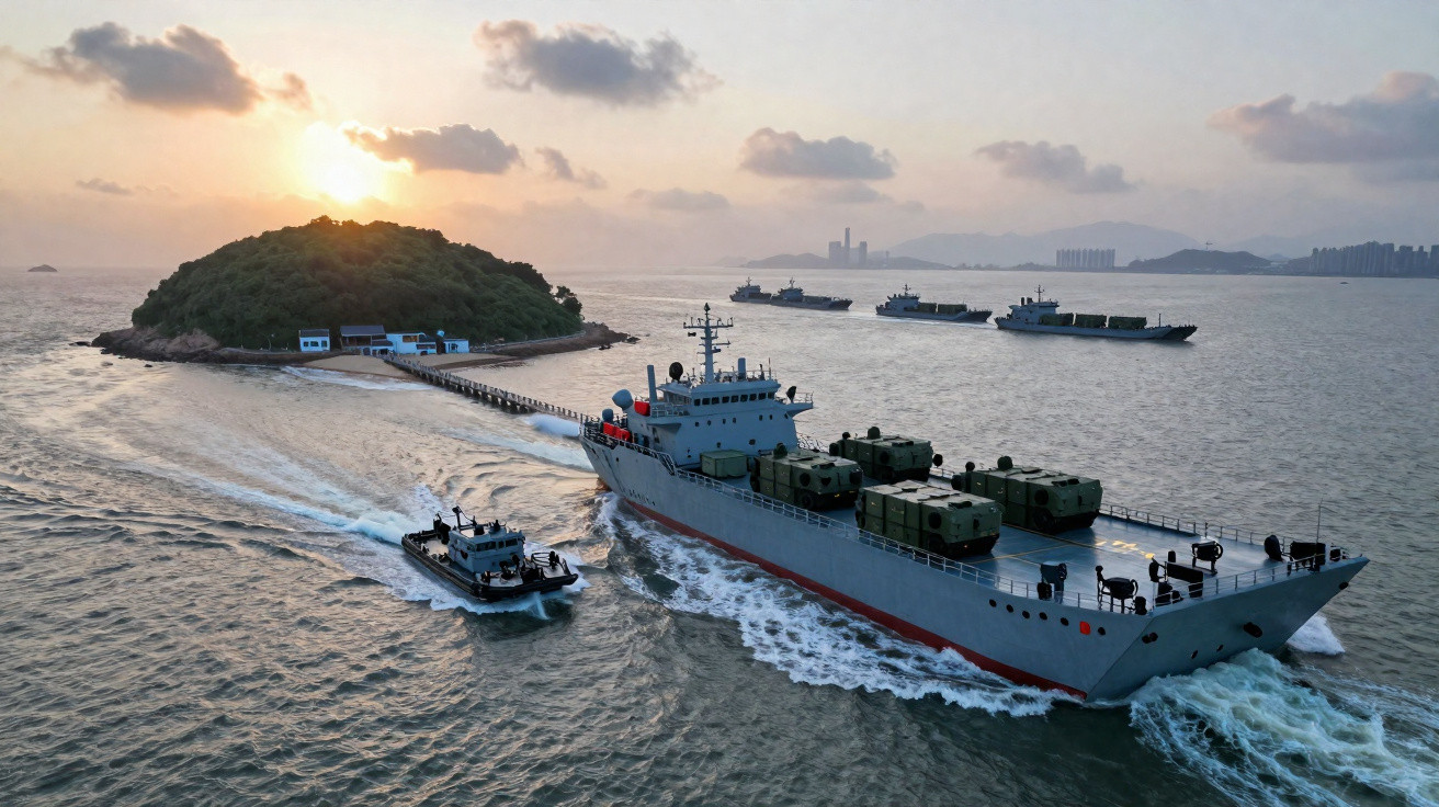 Navio militar transporta veículos de combate perto de pequena ilha com edifícios, ao pôr do sol.