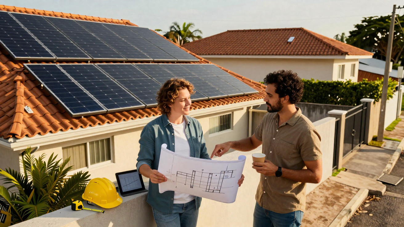 Dois homens discutem planos junto a casa com painéis solares instalados no telhado.