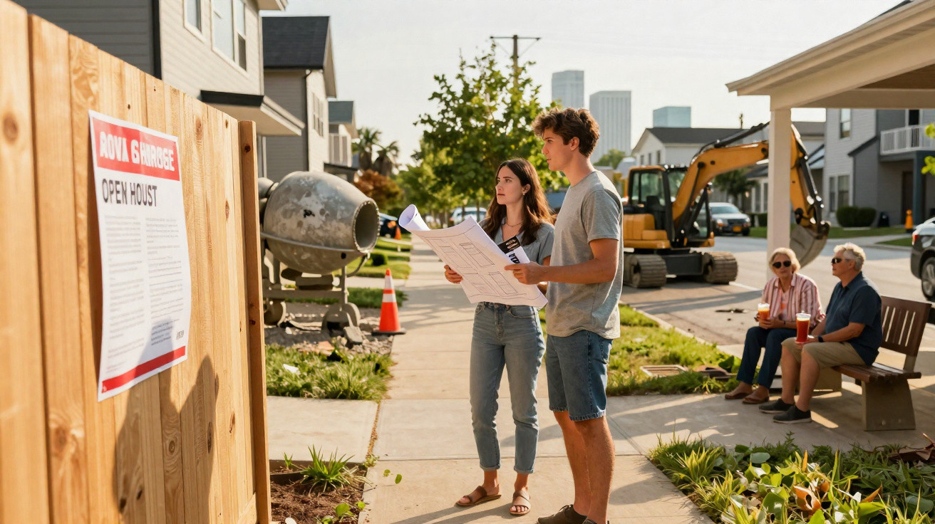 Casal jovem consulta planta de construção junto a obra de casa com máquinas e pessoas sentadas ao fundo.