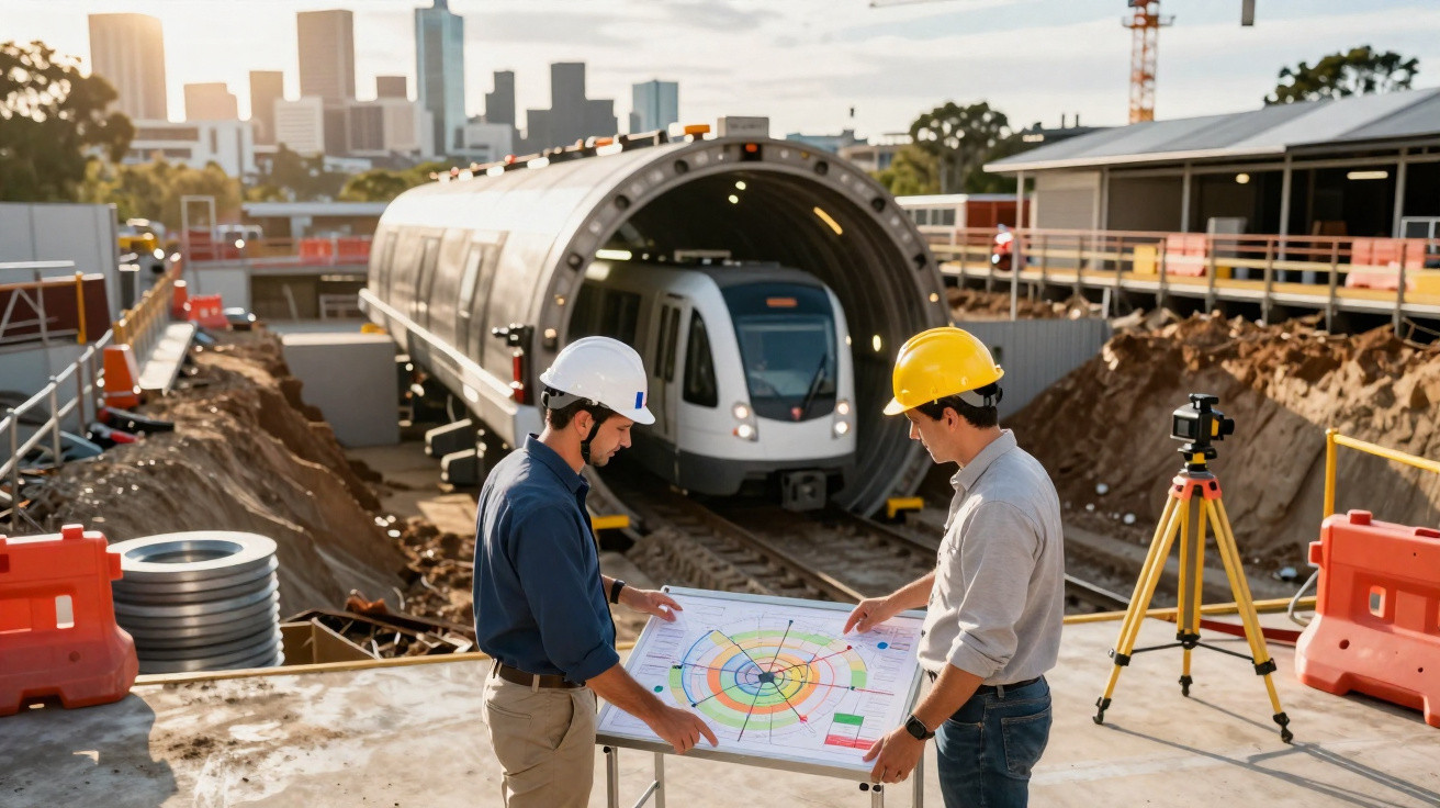 Dois engenheiros com capacete e colete refletores analisam plantas num estaleiro de construção ferroviária.