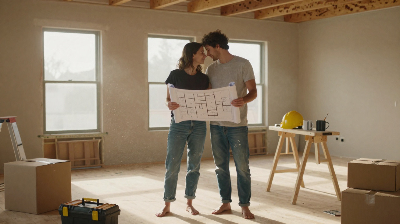 Casal em casa em renovação, a olhar para planta técnica com ferramentas e capacete no ambiente.
