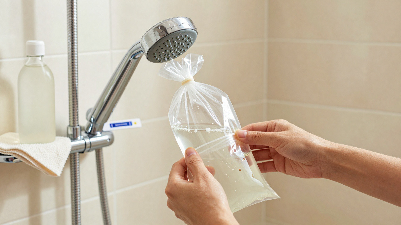Mãos a fechar saco plástico transparente com líquido junto a chuveiro e acessórios de banho.