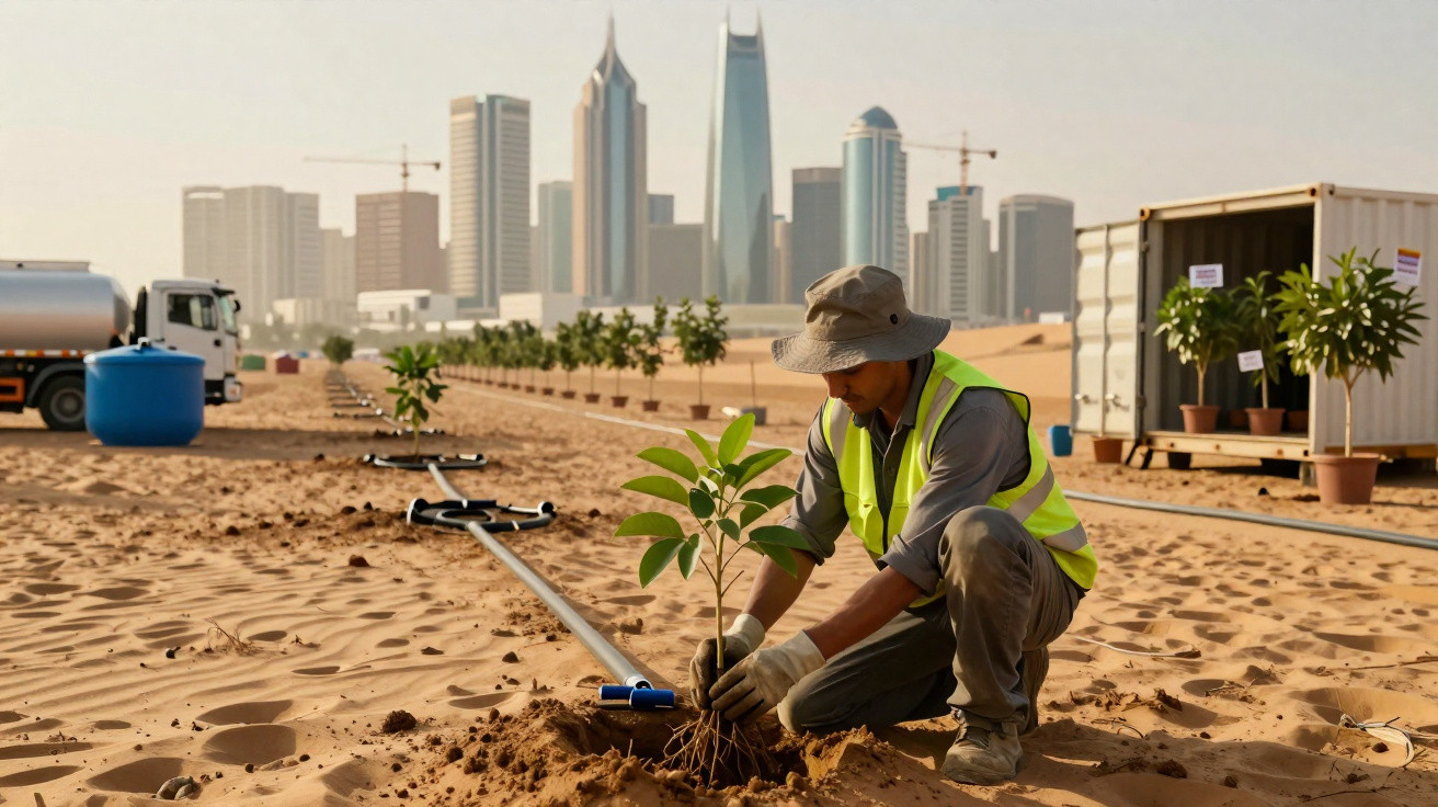 Homem a plantar uma árvore no deserto com arranha-céus ao fundo numa área urbana em expansão.