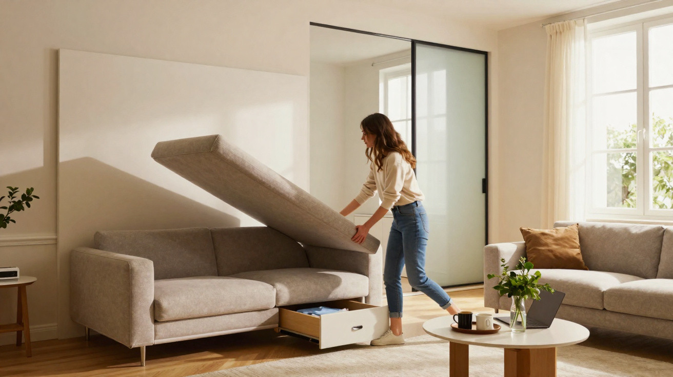 Mulher a abrir arrumação oculta num sofá numa sala luminosa com móveis modernos e janelas grandes.