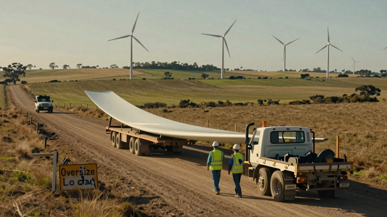Carregamento de pá de turbina eólica numa estrada rural com duas pessoas a usarem coletes refletivos.