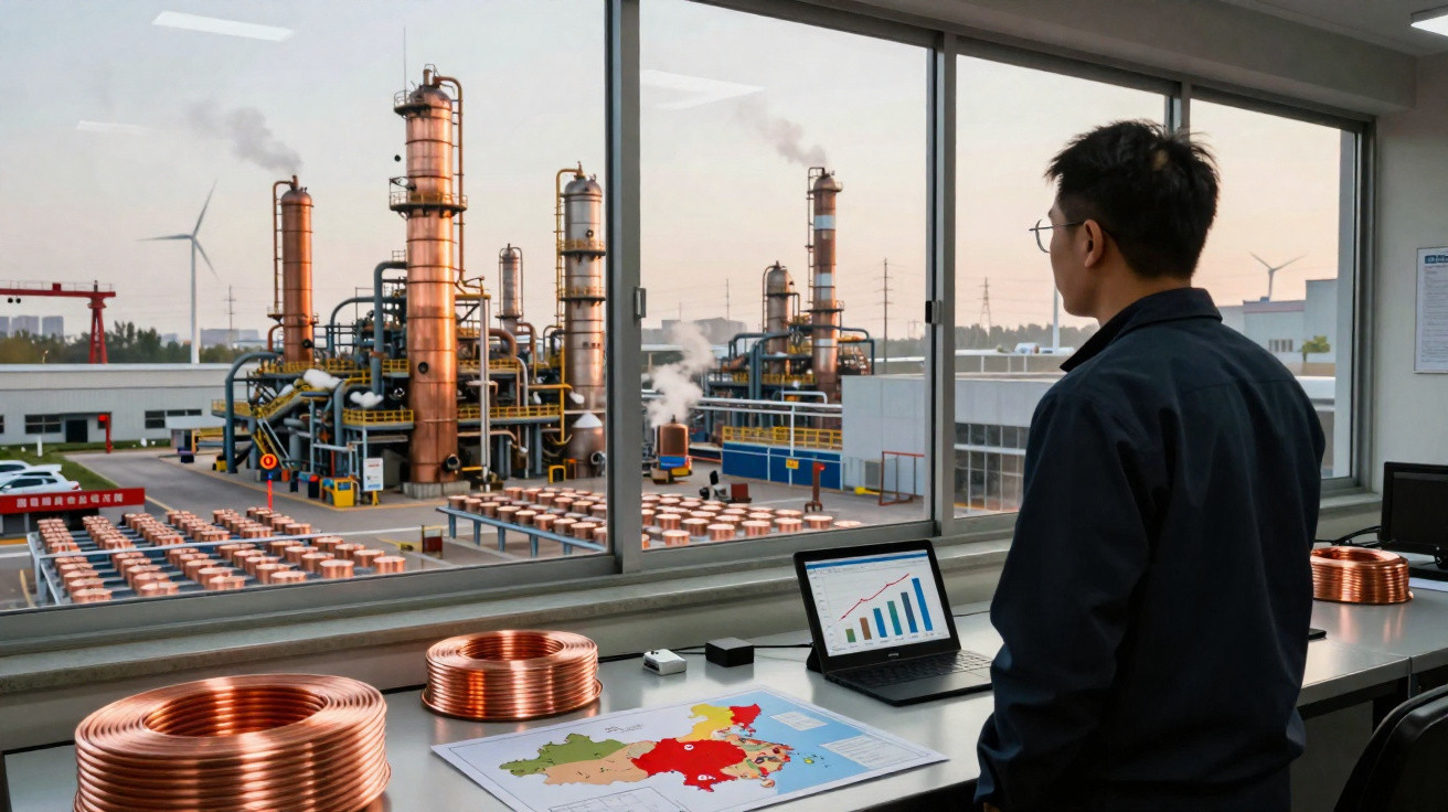 Homem observa dados no tablet e mapa junto a bobinas de cobre com fábrica industrial ao fundo.
