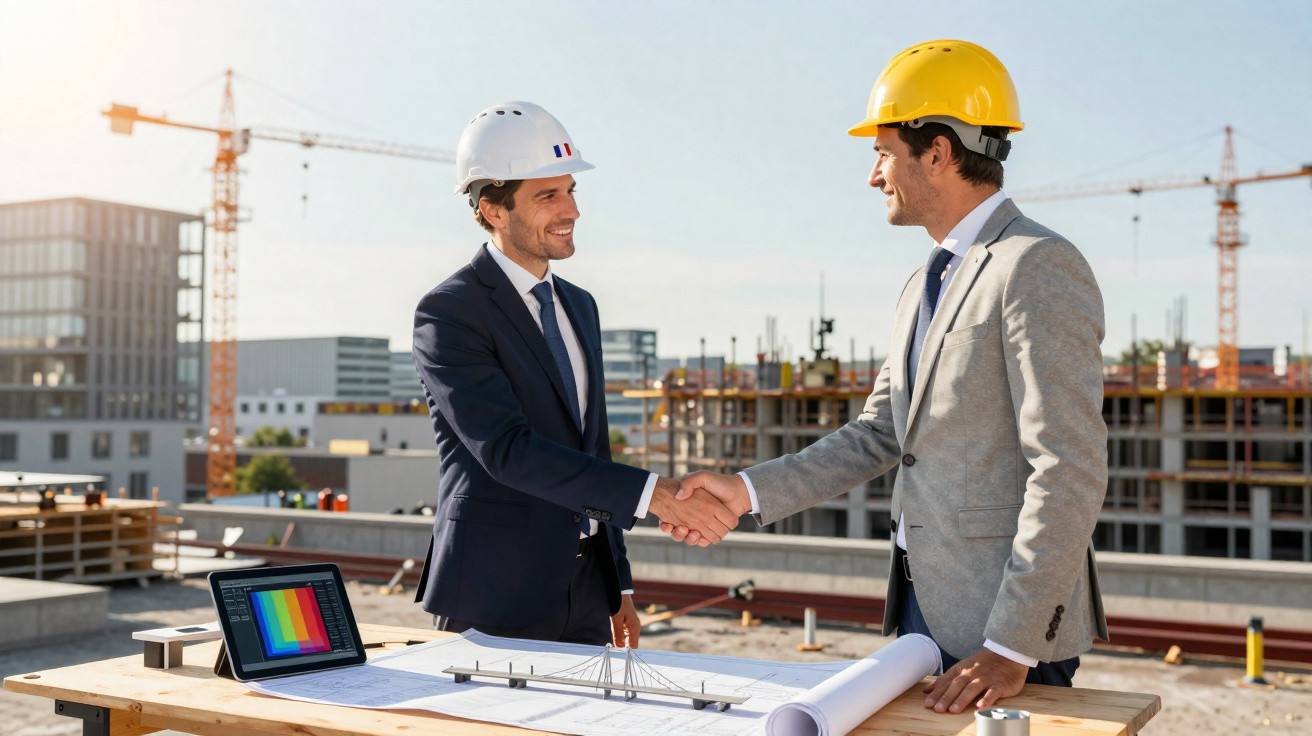 Dois engenheiros de obra vestindo fatos e capacetes apertam as mãos junto a planta e ecrã num canteiro de obras.