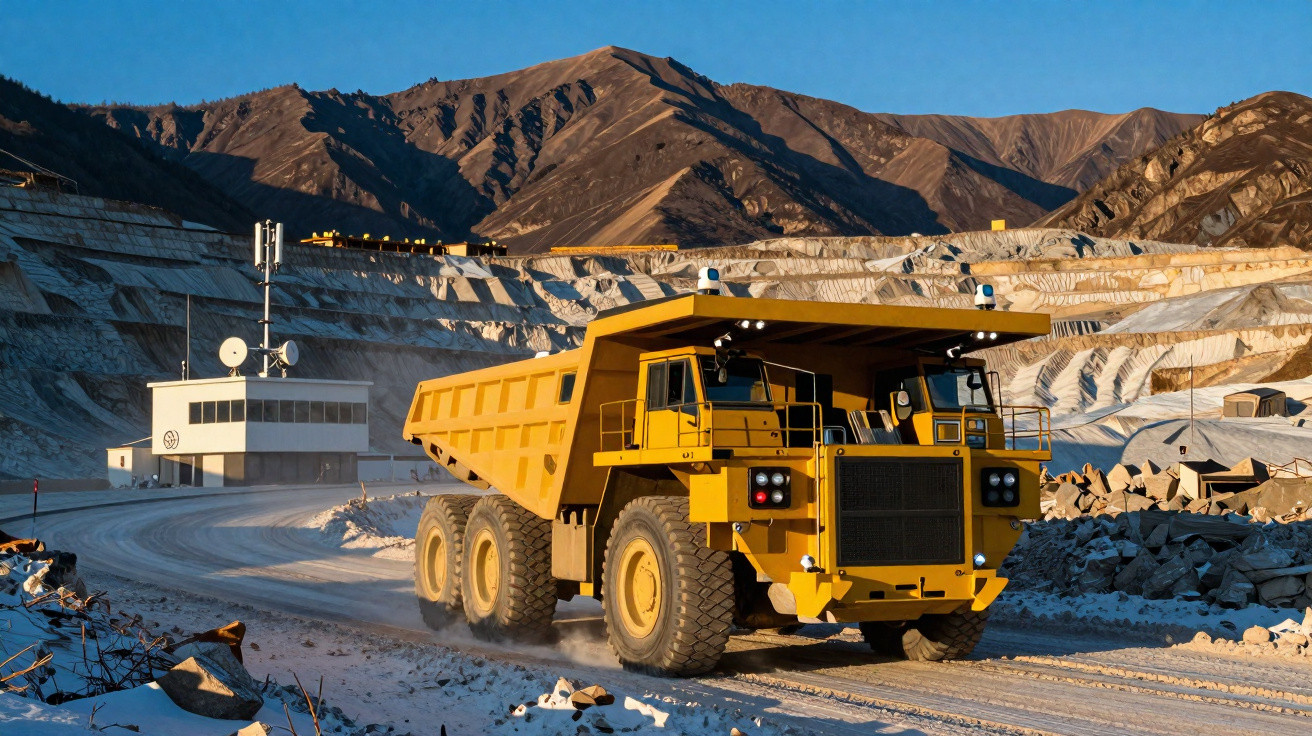 Camião de mineração amarelo em estrada de terra numa mina a céu aberto com montanhas ao fundo.