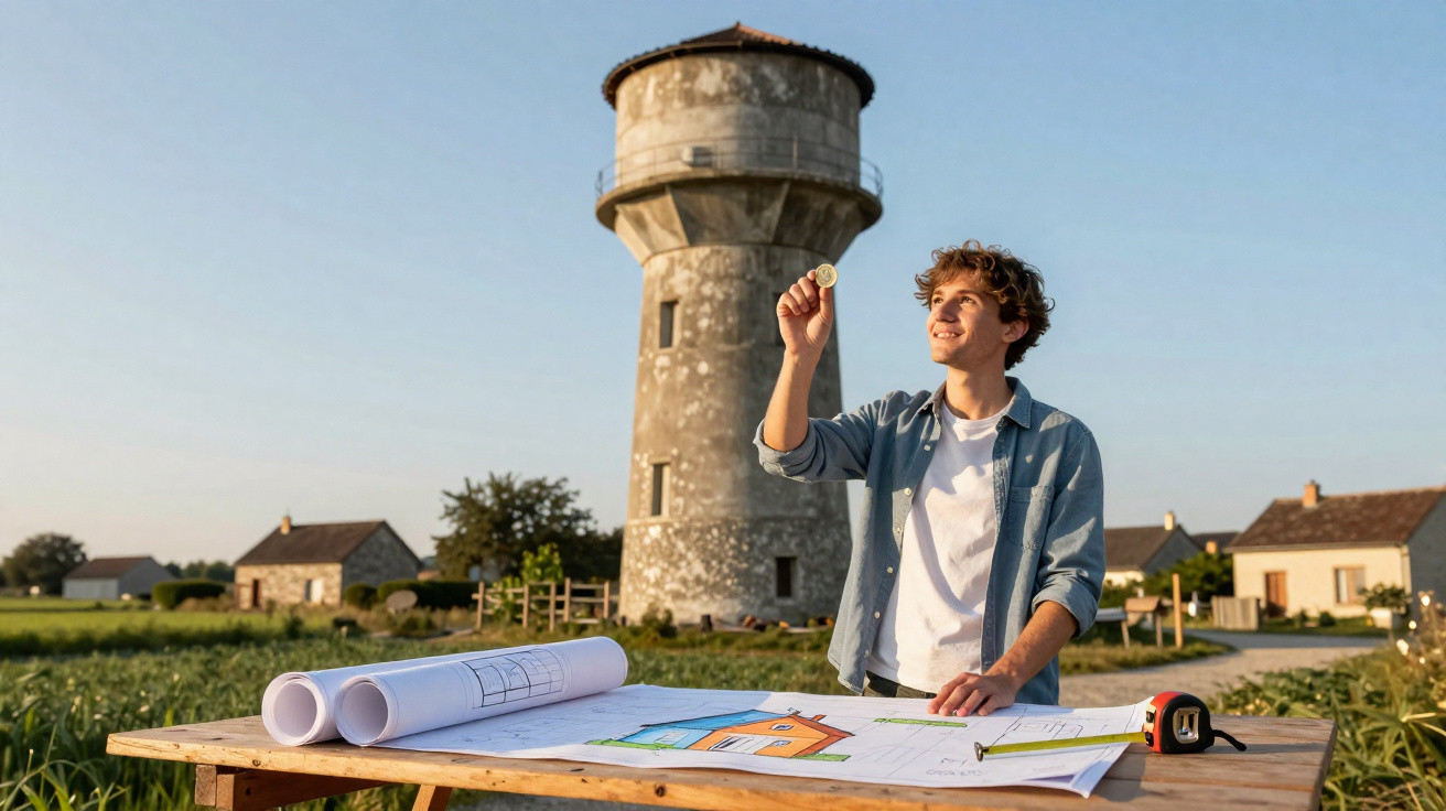 Jovem com planta de arquitetura em mesa, segurando pequena casa e torre de água ao fundo num campo aberto.