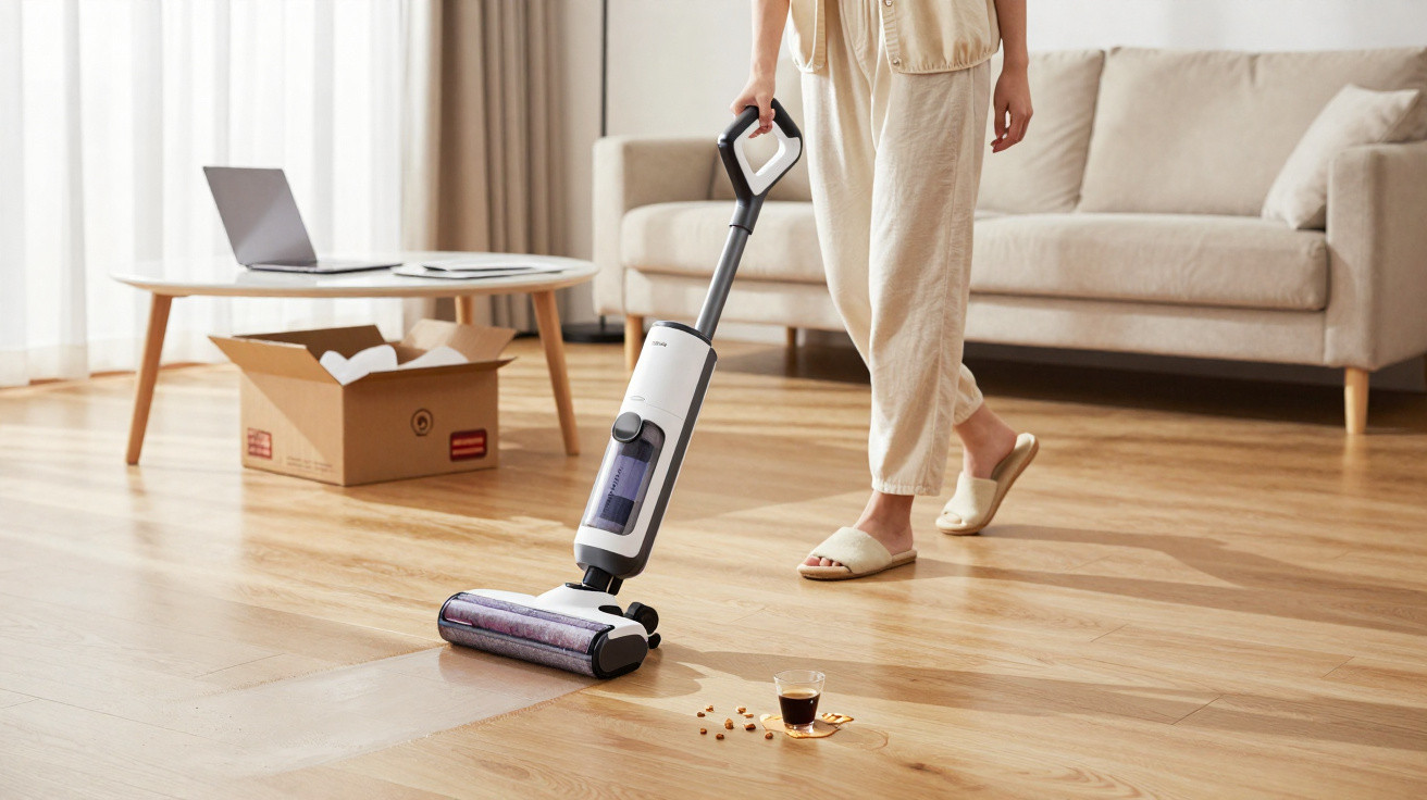 Pessoa a aspirar líquido e restos no chão de uma sala de estar com aspirador vertical branco.