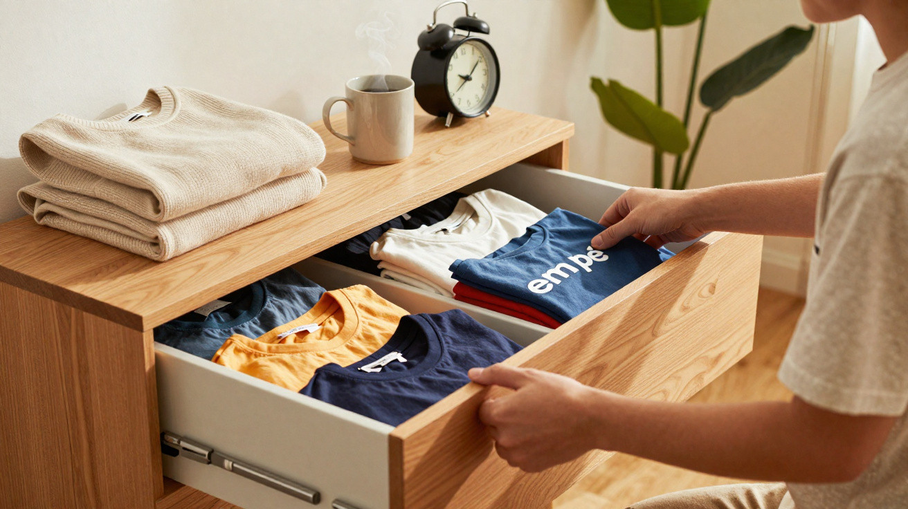 Pessoa a organizar t-shirts coloridas numa gaveta de madeira com uma mesa ao lado contendo um relógio e chá quente.